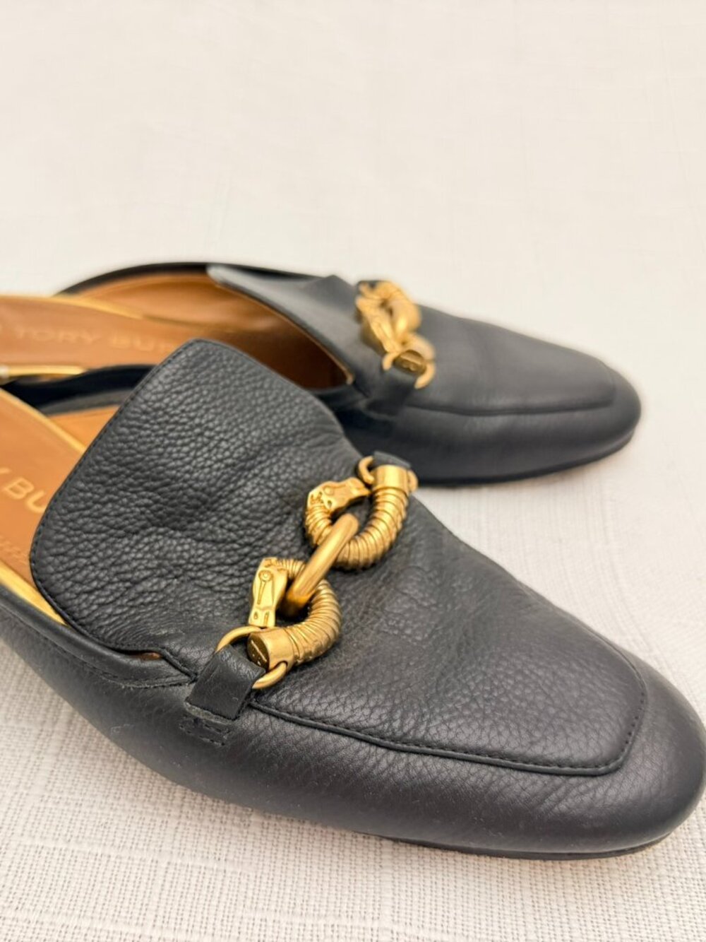 Tory Burch Black Leather Mule Slides Gold Horse Hardware Loafers